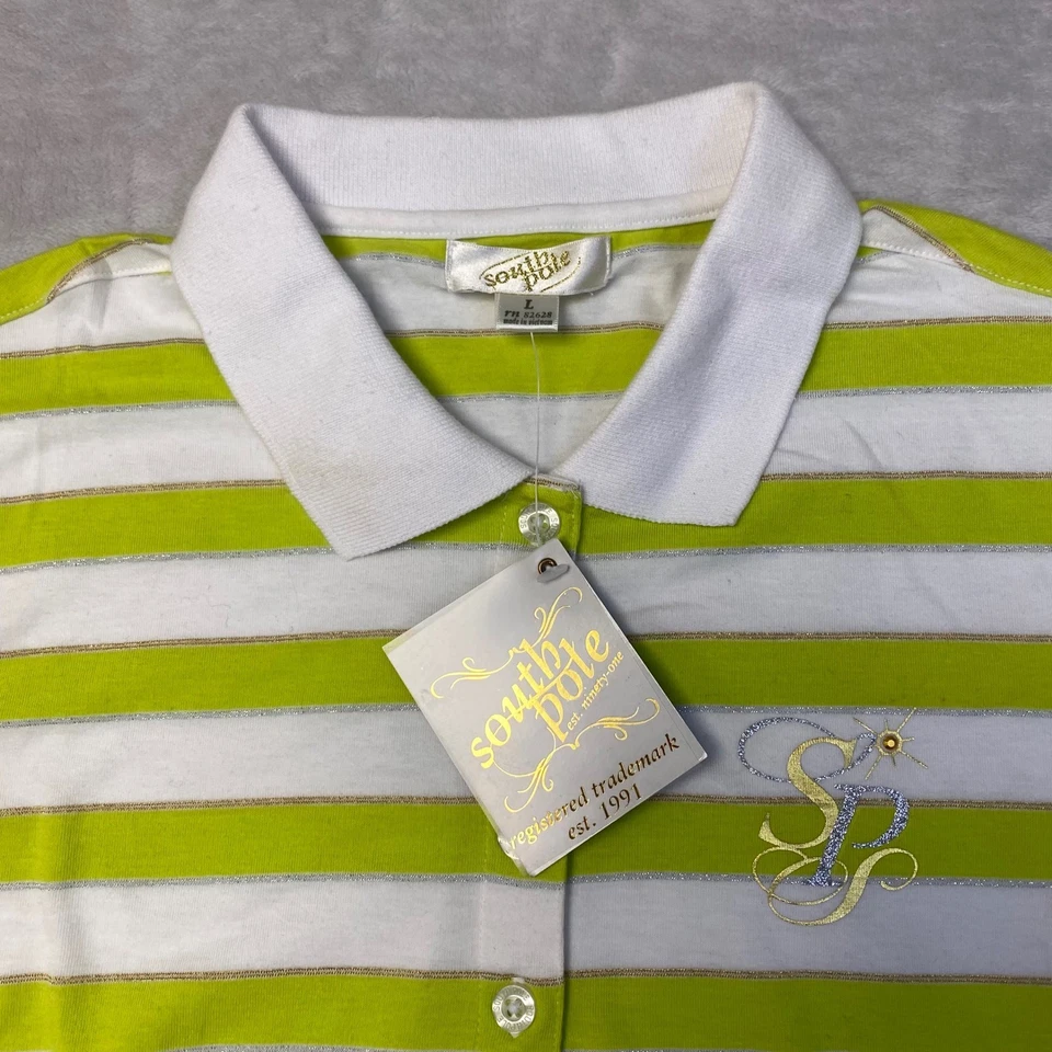 South Pole Striped Polo Shirt Green White Metallic Sparkle Logo Size L - Image 2 of 4
