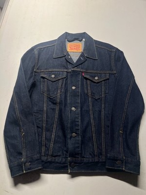 Levis Trucker Jacket Blue Dark Wash Button Up Flap Pockets Denim Mens Sz Large