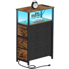 Narrow LED Night Stand with Charging Station, Slim End Table with Plugins, Ta...