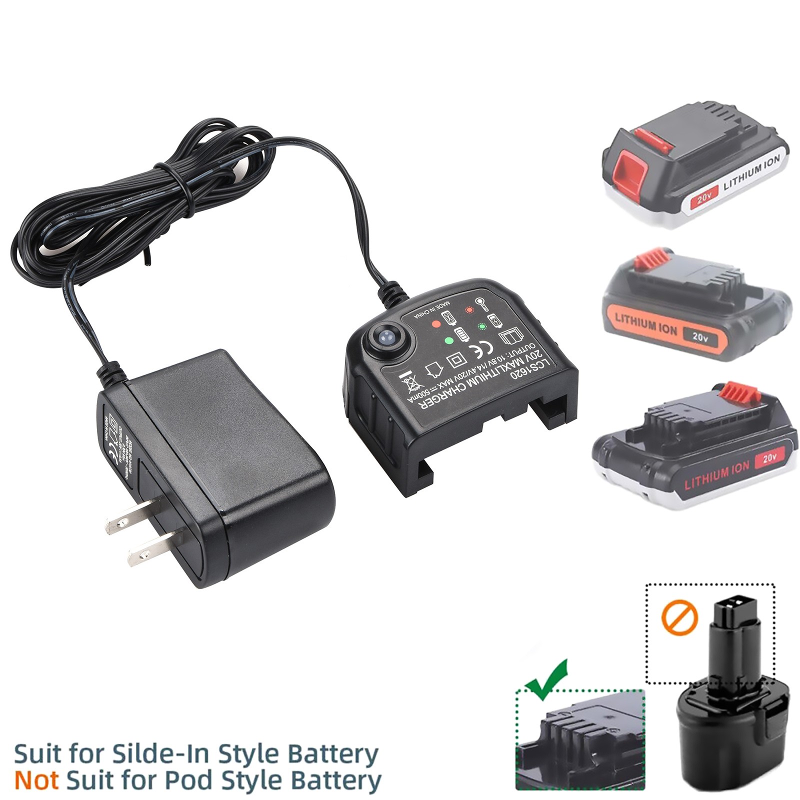 1 PC 20V Black Lithium-Ion Battery Charger Fit For Black and Decker Battery