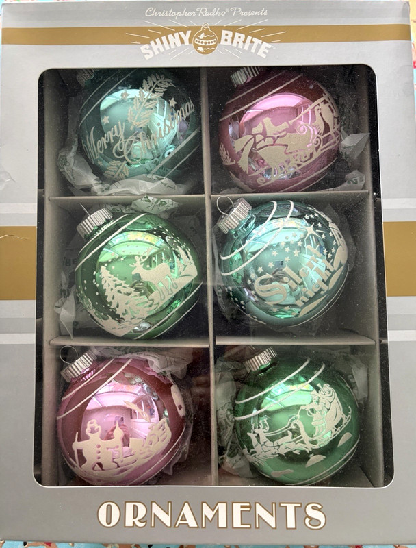 6 Radko 2012 Shiny Brite Pastel Stenciled Holiday Scenes Xmas Ornaments w/box 3"