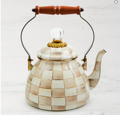 MacKenzie-Childs Mocha Check Tea Kettle Stovetop Teapot Kitchen Cookware