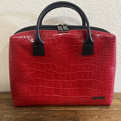 Hartmann Zippered Travel Bag  Toiletry Makeup Red Moc Croc Black Leather 8x12 