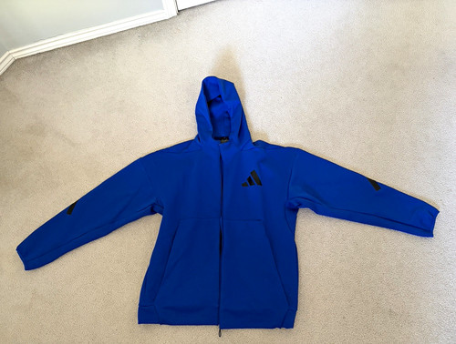 adidas Men's Blue Hooded Full-Zip Basic Jacket, Polyester/Cotton, Size L