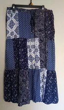 Style & Co Maxi Skirt Patchwork Bandana Print Boho Tiered Lined Blue White Sz XL