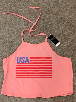 Isaac Morris LTD Coral Flag Halter Top Size Large Patriotic Tank Beach NWT