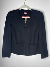 Basler Women's 40 US 10 Black Collarless Textured Two Way Zipper Jacket Blazer
