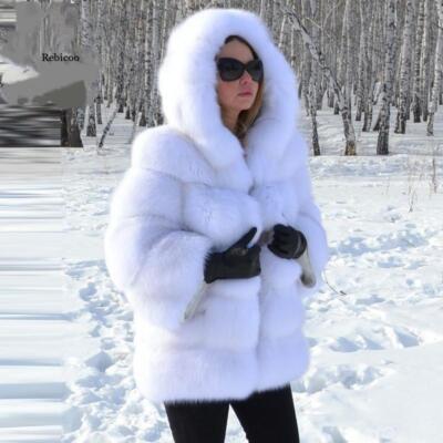 Women Winter Faux Fur Hooded Long Slim Fox Fur Coat Casual Jacket Warm  Outwear