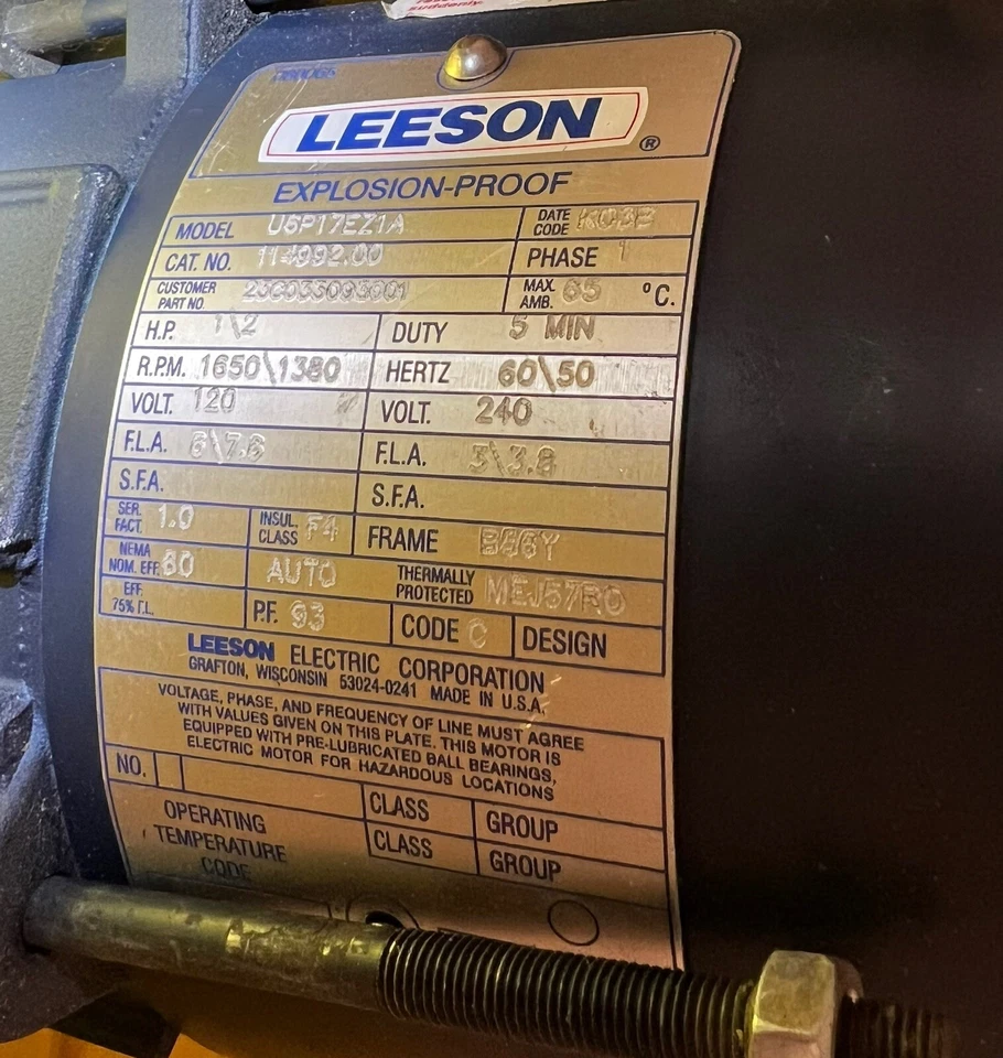 LEESON Electric Motor 114992.00 U6P17EZ1A 120/240V 1/2 H.P. - Image 2 of 2
