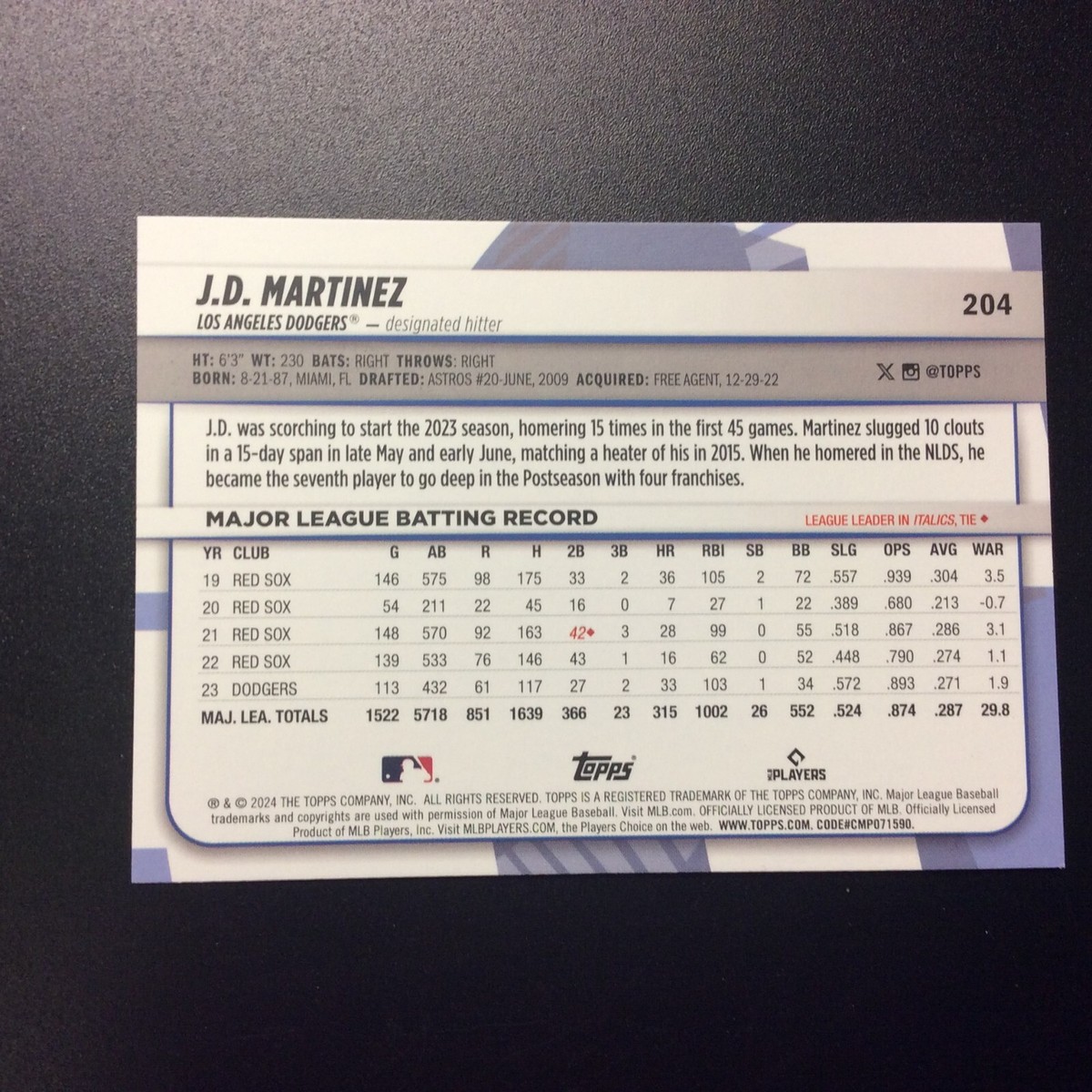 2024 Topps Big League #204 J.D. Martinez Los Angeles Dodgers