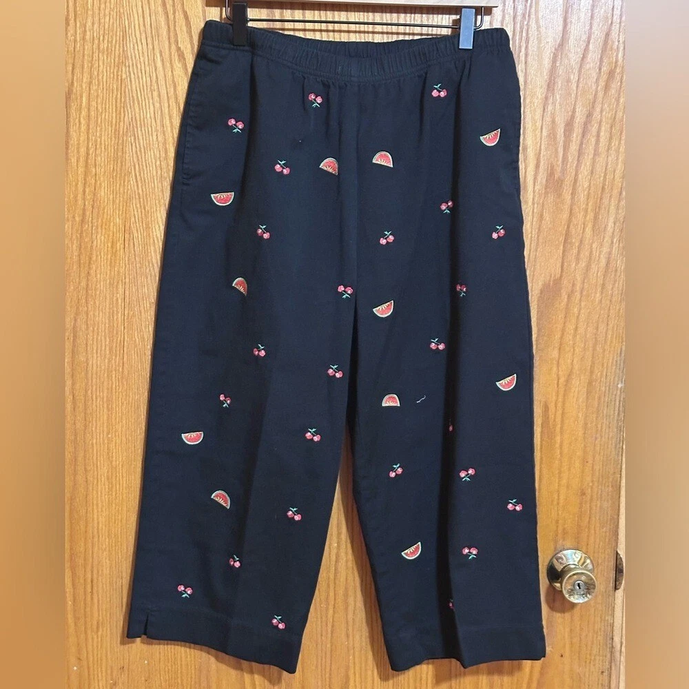 Breckenridge women's wide leg watermelon cherries embroidered capri sz 12