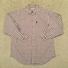 Izod Button Up Shirt Mens Medium Red Beige Plaid Long Sleeve