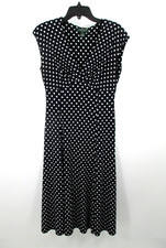 LAUREN RALPH LAUREN Midi Dress Women 6 Black White Polka Dots V-Neck Stretch
