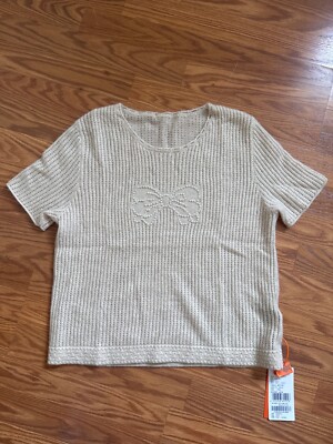 NWT 100% Cashmere Cream Beige Cable Knit pearl short sleeve Sweater Women s SM