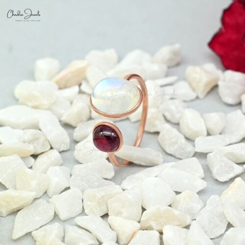Genuine Rhodolite Garnet Moonstone Cuff Ring 14k Rose Gold 2 Stone Handmade Ring - Picture 1 of 9