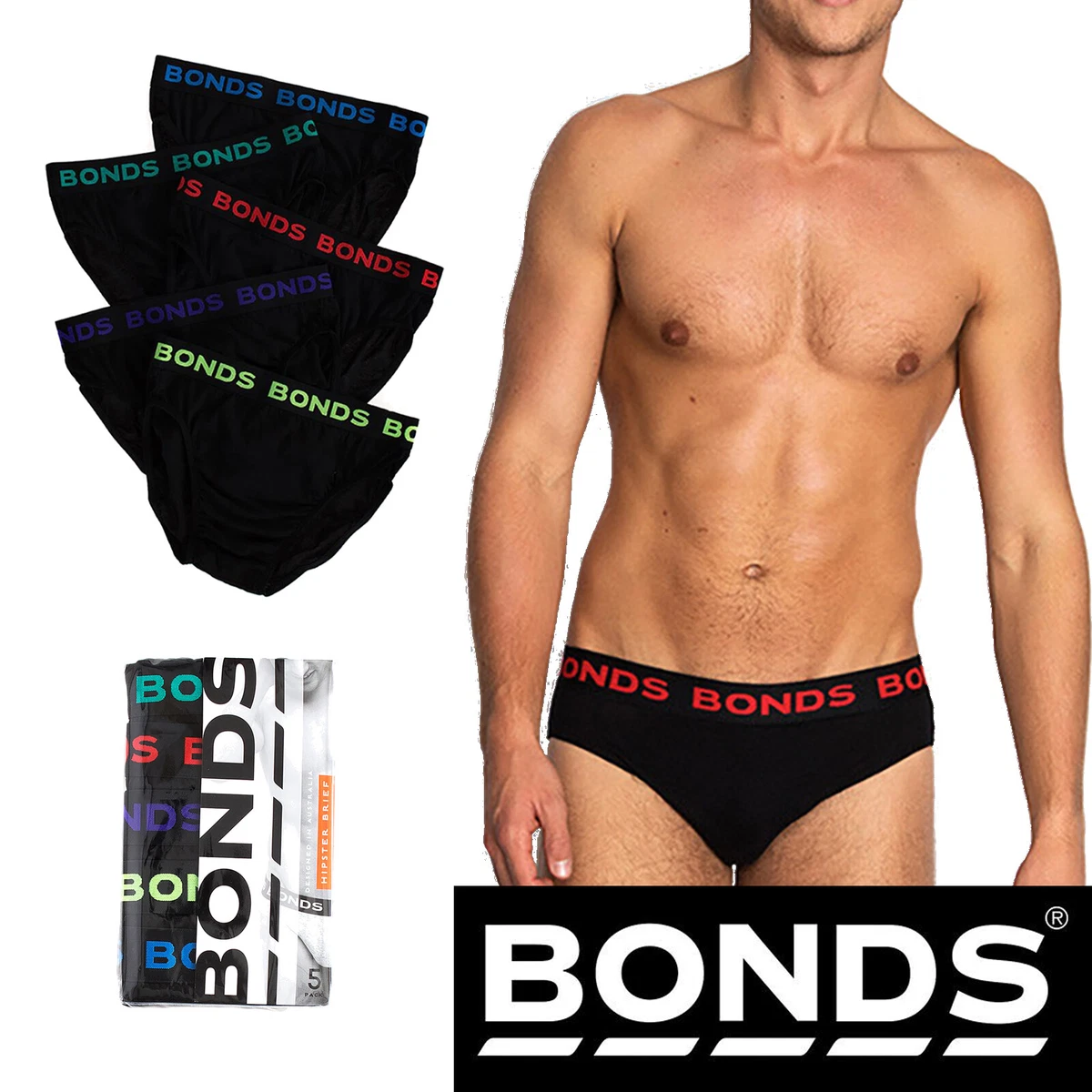 Bonds 5 Pack Mens Assorted Black Cotton Hipster Briefs Comfy