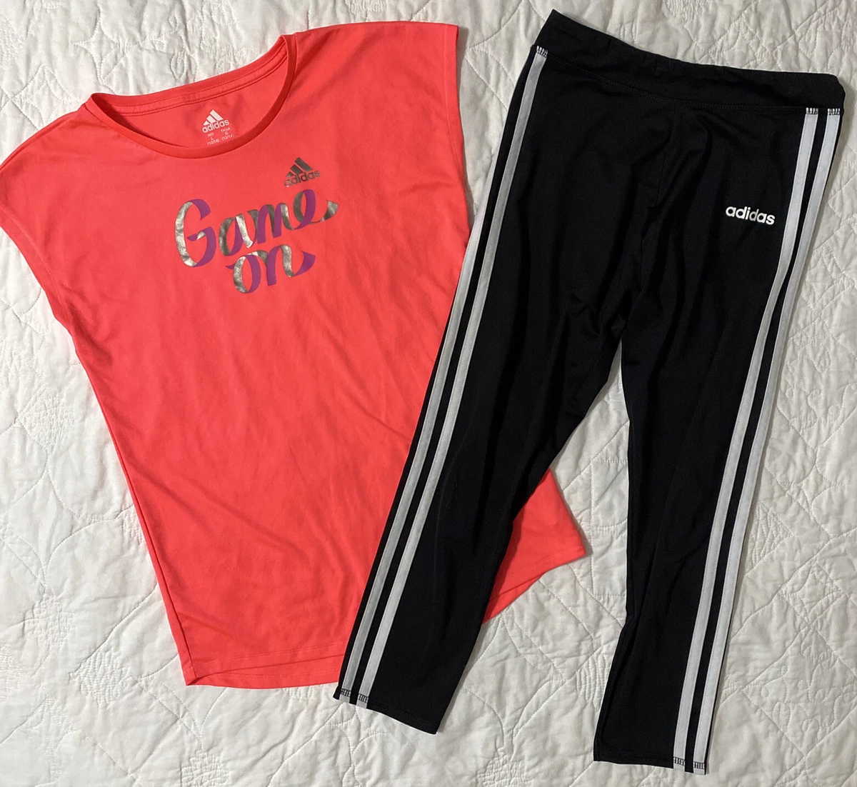 adidas Youth Girl's 3-Stripes Leggings (14) & Shirt (12-14) Outfit, Large