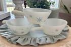 3 Vintage Fire King Blue Atomic Starburst Soup Bowls With Handle MCM Milk Glass