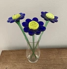 3 Vintage Murano Style Hand Blown Glass Flowers Blue-Yellow Center Long Stem 14”