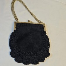 Vintage Black Corde Crochet Evening Purse Gold Tone Kiss Lock Chain Strap...