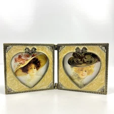 Victorian Style Double Heart Hinged Picture Frame Yellow Enamel Pink Rhinestones