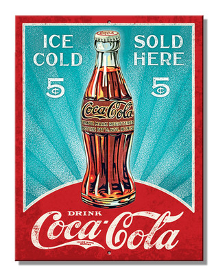 Coca Cola Ice Cold Sold Here 5¢ Tin Metal Sign Man Cave Garage Decor 10.75x8.25