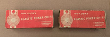 Two Vintage Original Boxes of Plastic Poker Chips, White, Red, Blue, 100 Lucky