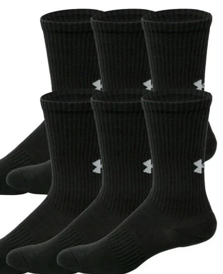 UNDER ARMOUR Men Crew Socks 6 Pair 68% Cotton BLACK - NEW