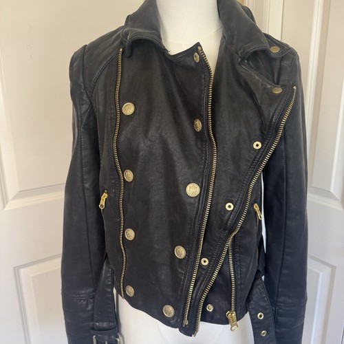 Free People Melrose Moto Jacket XS Black Belted Vegan Leather Gold Zip - Bild 8 von 17