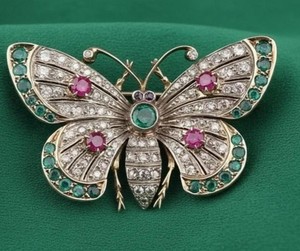 Authentic Butterfly Women's Wedding Brooch 14K Gold Plated Emerald Ruby Diamond Silver Pin