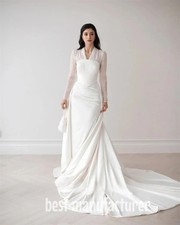 Modest Ivory Mermaid Wedding Dress V Neck Full Sleeves Bridal Gown Customized
