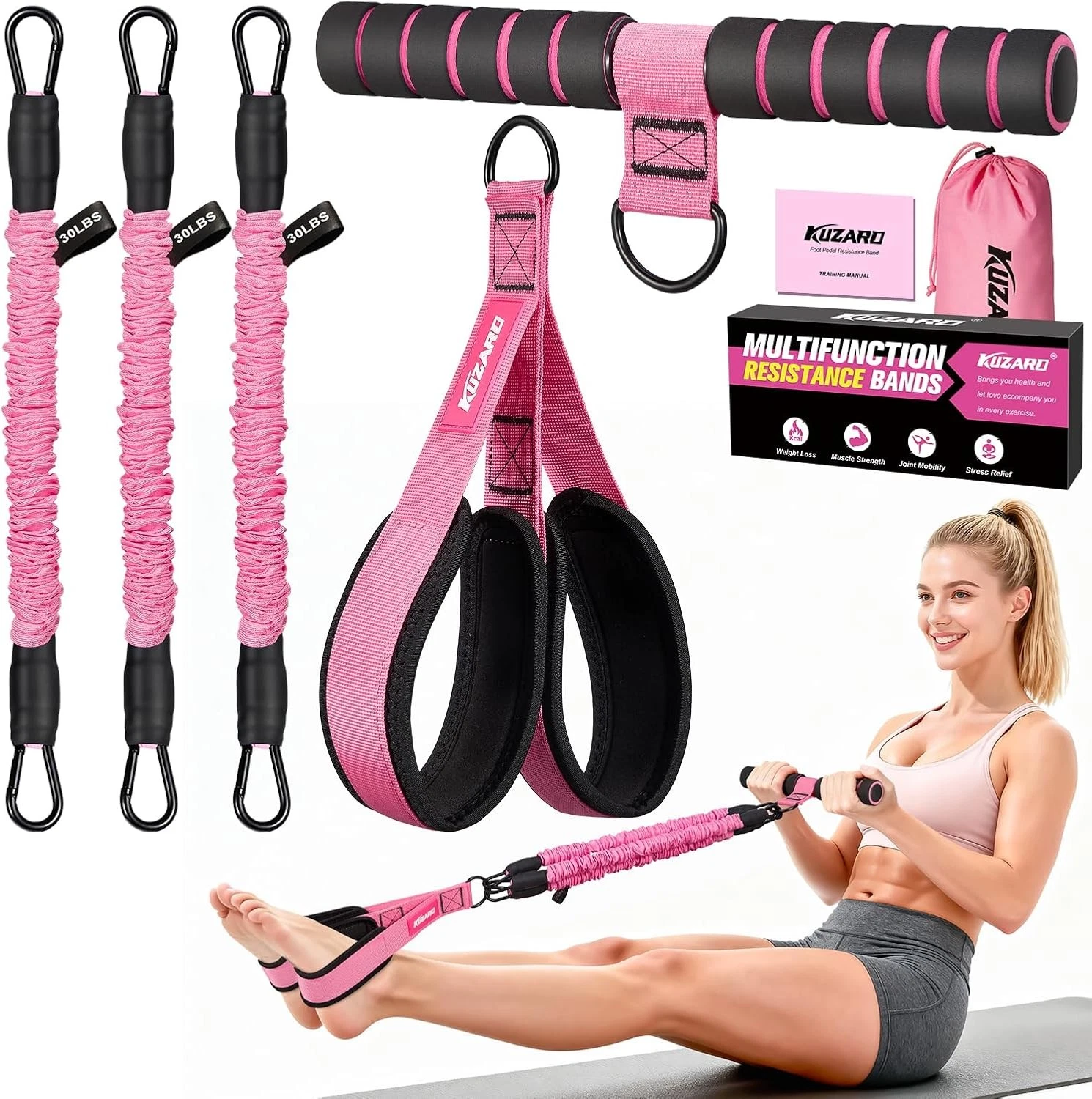 KUZARO Pink Adjustable Pedal Resistance Band with Handle for Full Body Workout