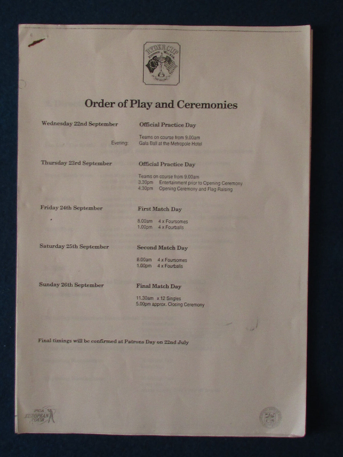 Ryder Cup 1993 - The Belfry - Order of Play and Ceremonies Paperwork