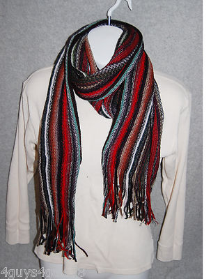 Fashion Scarf by 2 Chic SUPER STRETCHY 66x10 Dk Stripe FRINGE Aqua Red Burgundy