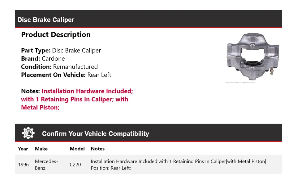 Pinza de freno de disco trasera izquierda cardone para Mercedes-Benz C220 1996 Foto 2 de 4