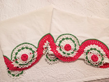 Pair Vtg Pillowcases Trimmed w Deep Pink Green Roses Flowers Some Yellowing