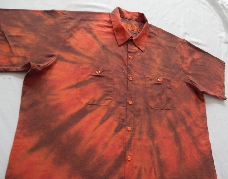 Tie Dye Orange Black Spiral Short Sleeve Button Up Shirt - 2XL Mens Hand Made XX - Image 4 of 4