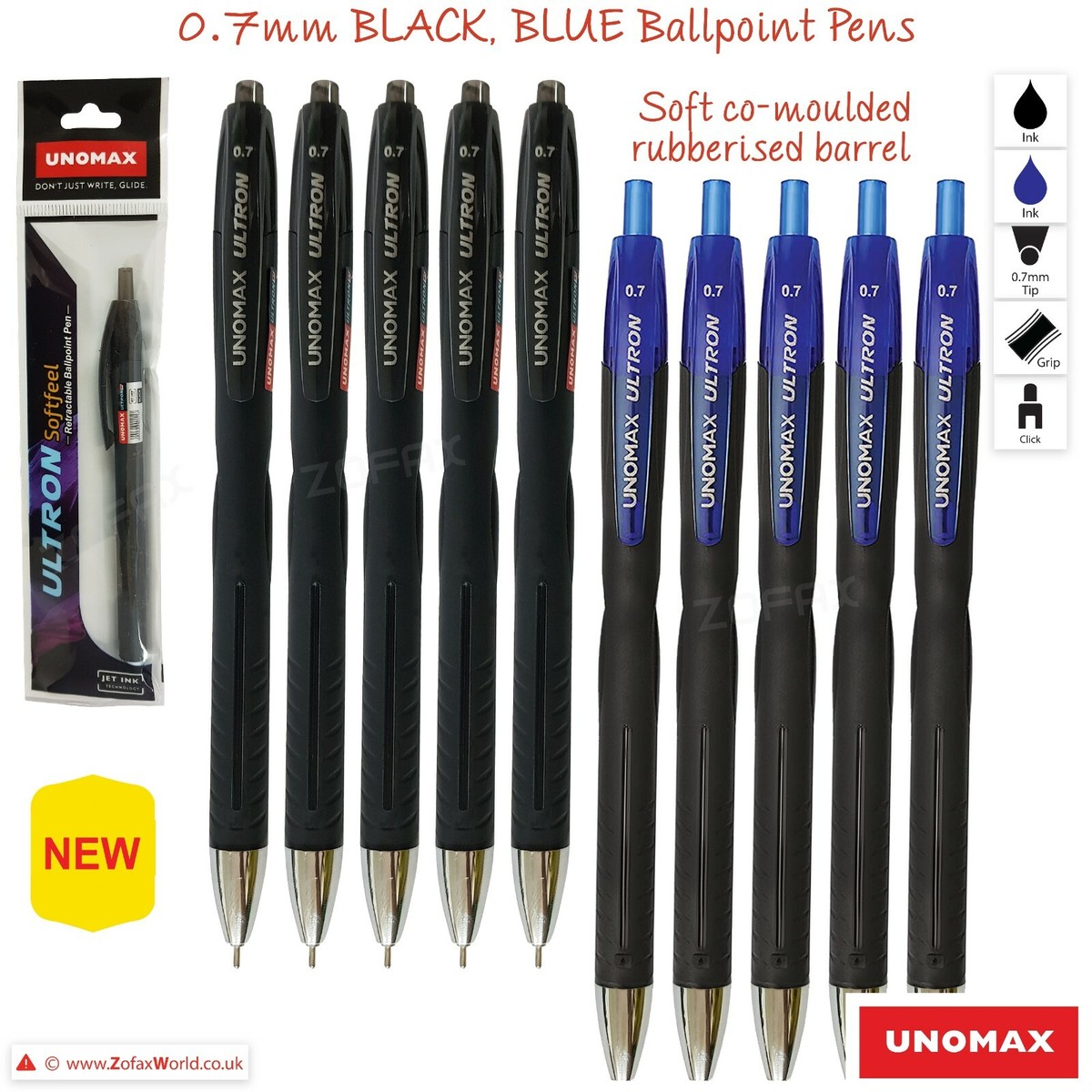 BLACK BLUE Ballpoint Pens UNOMAX Softfeel Fine Retractable