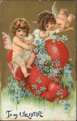 Valentine Fantasy Cupids Fly Around Giant Heart c1910 Vintage Postcard