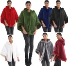 Womens Cape Shawl Cloak Poncho Plain Faux Fur Trim Hood Coat Top Black 8-18