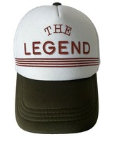 The Legend Brown on White Foam Trucker Hat Cap Green Bill Snapback EUC