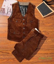 Men's Vintage Corduroy corduroy Suit Single-breasted Multi-pocket Vest Pants 2PC
