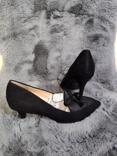 Liz Claiborne LC Athea Heel 6 1/2W Black Plaid Fabric Slip On Tassel Bow Pump - Picture 13 of 20