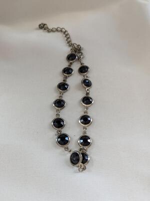 Dainty Black Onyx Link Bracelet, Sterling Silver Style, Used Good