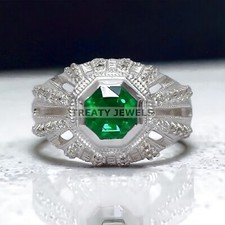 Emerald Hexagon Cut Gemstone With 925 Sterling Silver Ring For Men's 554