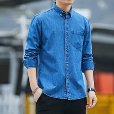 Men Blue Denim Shirt Casual Western Shirt Jean Button Pocket Tops Long Sleeve