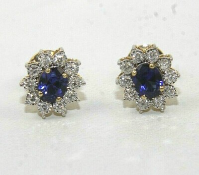 Natural Oval Blue Sapphire & Diamond Halo Stud Earrings 14K Yellow Gold 1.05Ct