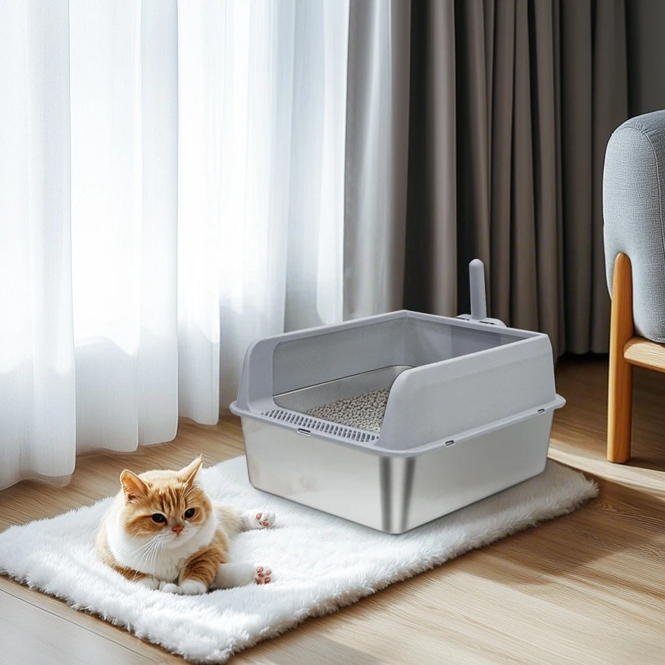Large Stainless Steel Cat Litter Box Semi Open High Sided Metal Tray with Spoon - image 3 of 4