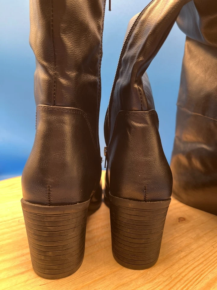 Botas de bambú para mujer talla 8/EU38 cuero negro tacón alto hasta la rodilla montar al aire libre Foto 3 de 4