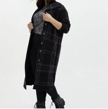 Black Gray Plaid Coatigan Sweater Duster Cardigan Sz 1X Button Dark Academia